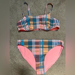 Vineyard Vines Plaid Mallard blue bikini,square neck top, low rise bottom, Small